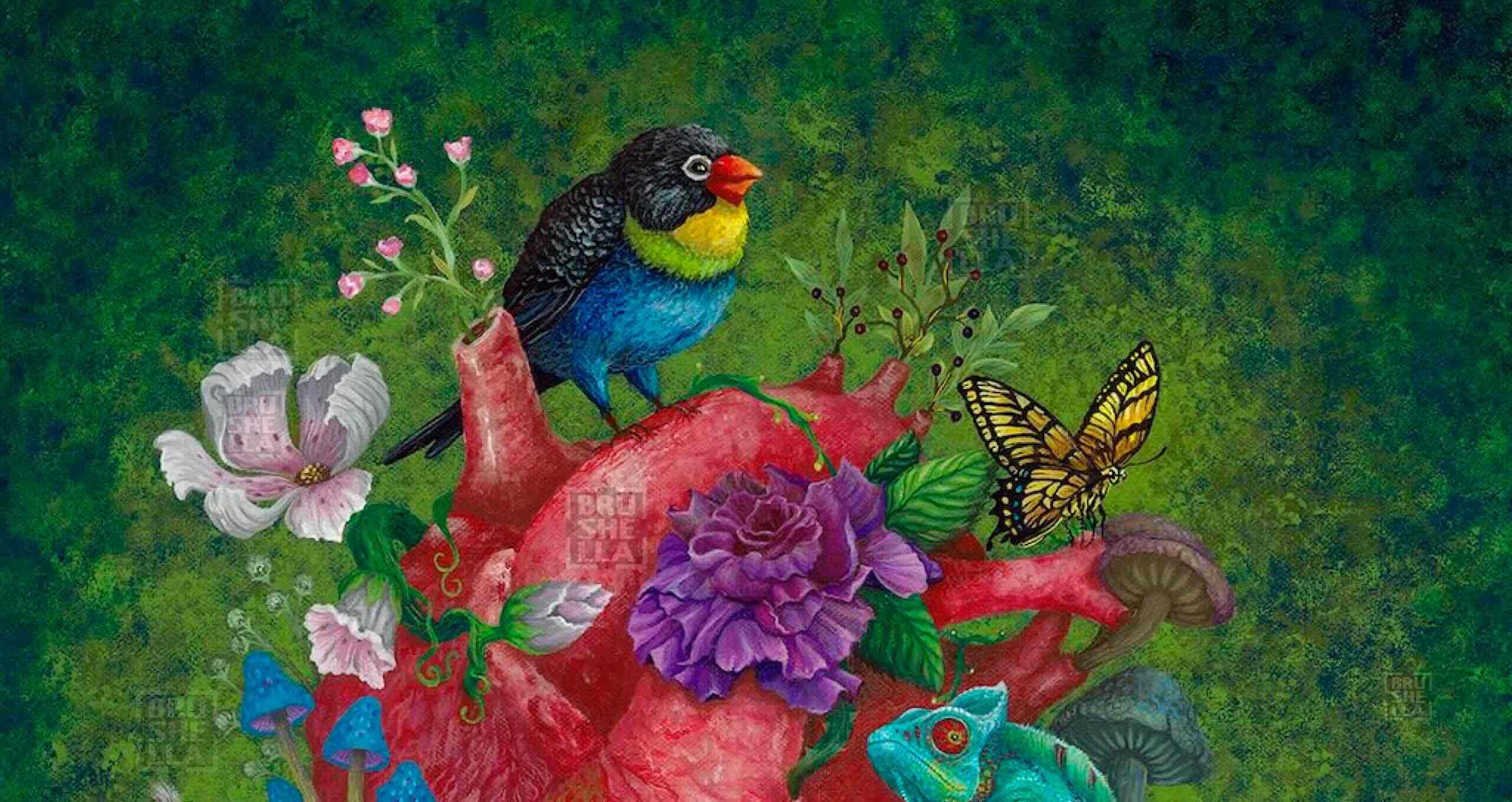 Partial area of the animal heart depicting a human heart with wildlife and flowers in a vibrant background.