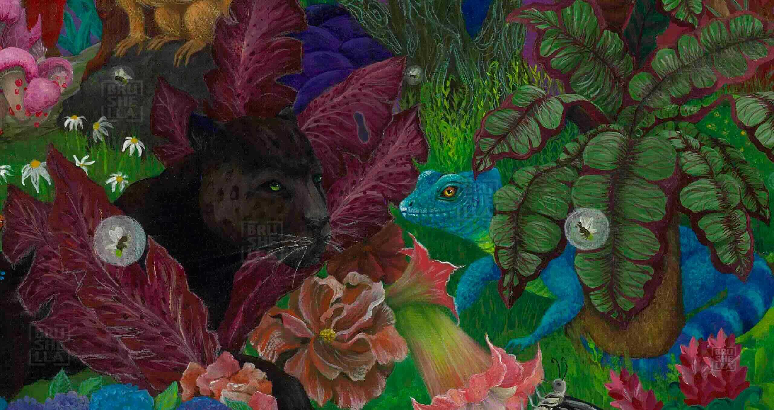 Partial area of the jungle print canvas depicting a black panther and an iguana in a vibrant background.