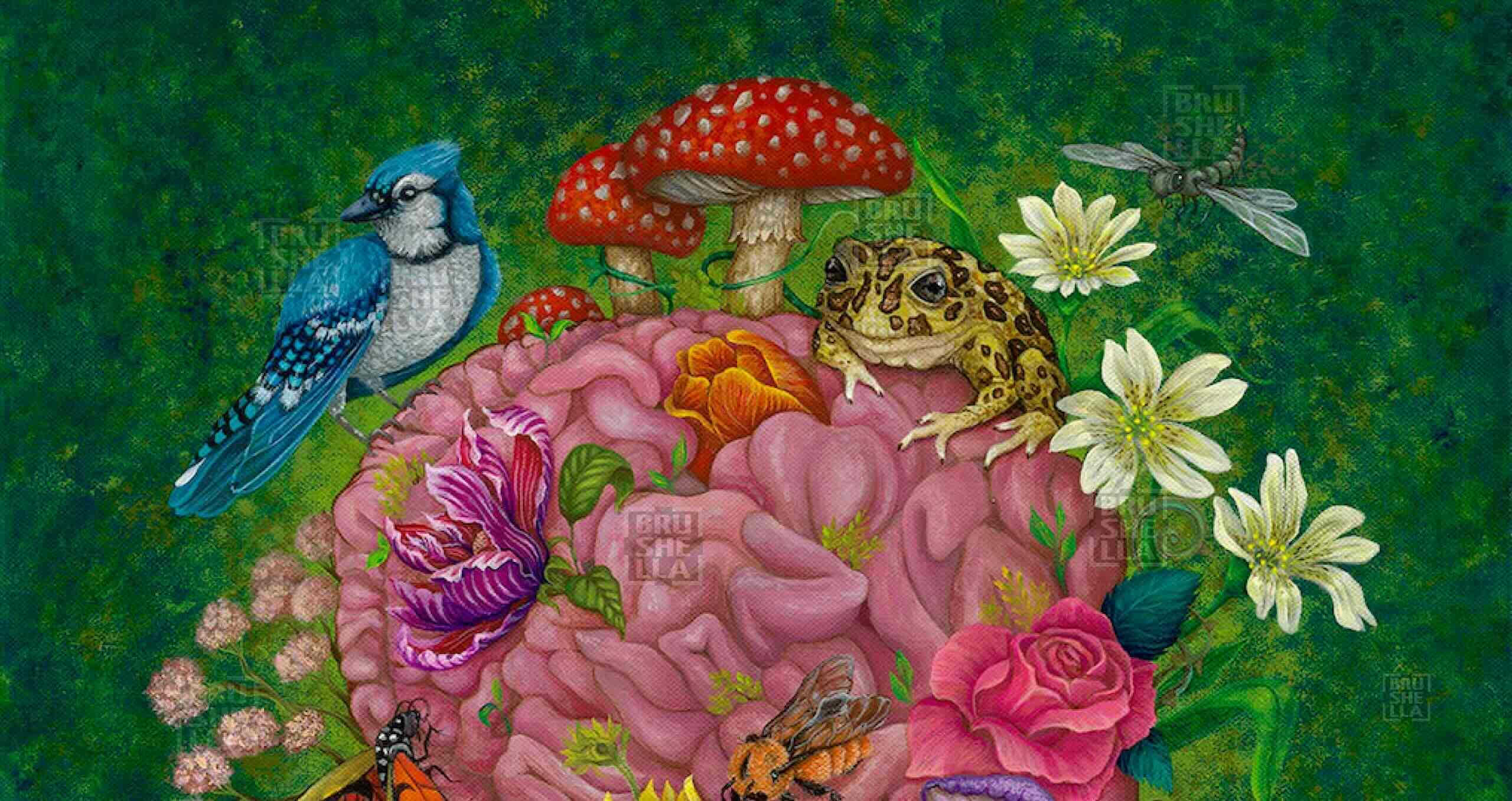 Partial area of the Brain canvas depicting a human heart with wildlife and flowers in a vibrant background.