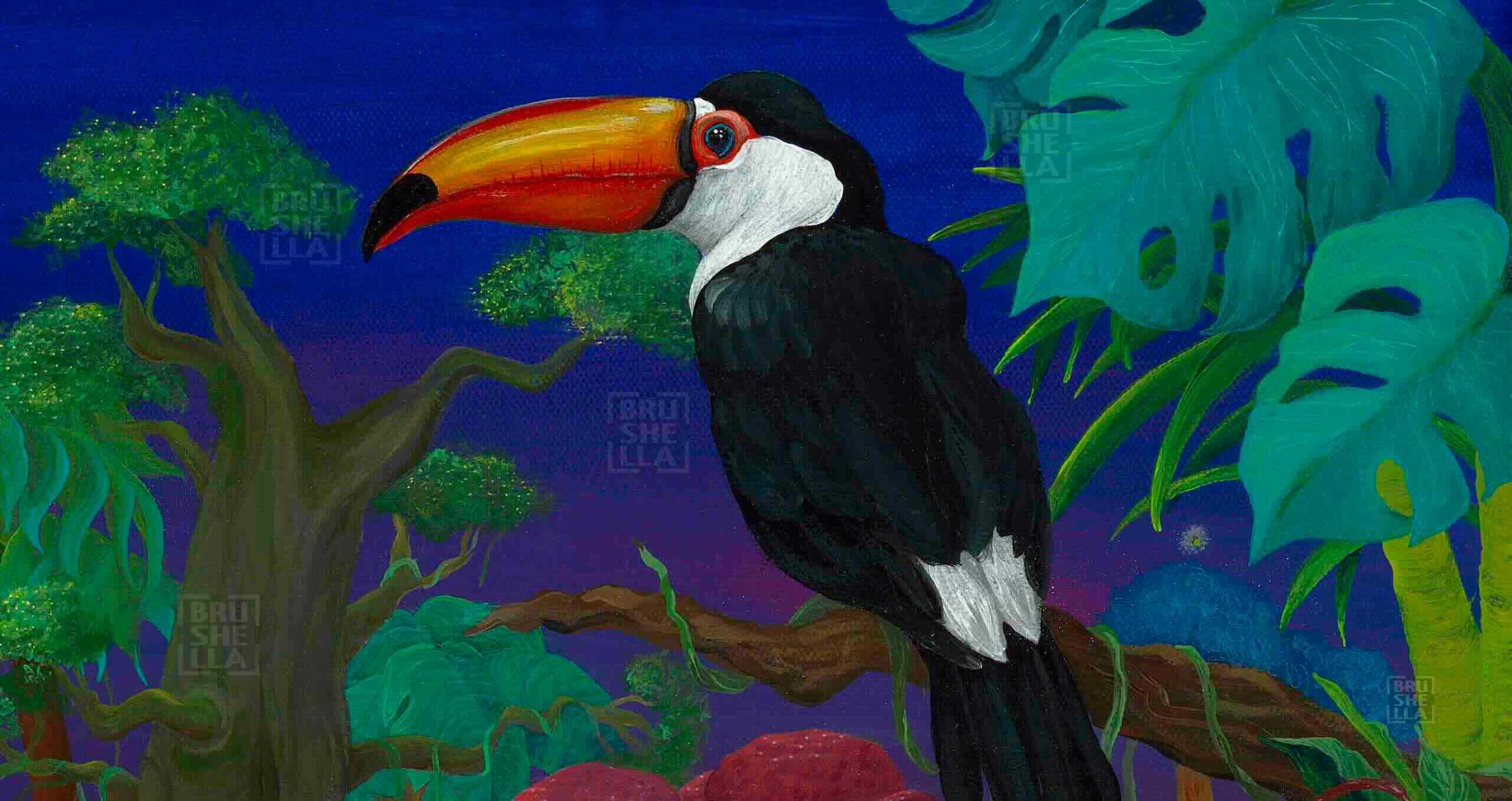 Partial area of the Jungle print canvas, depicting a black and white toucan perched on a tree branch in a vibrant jungle with trees in the background.