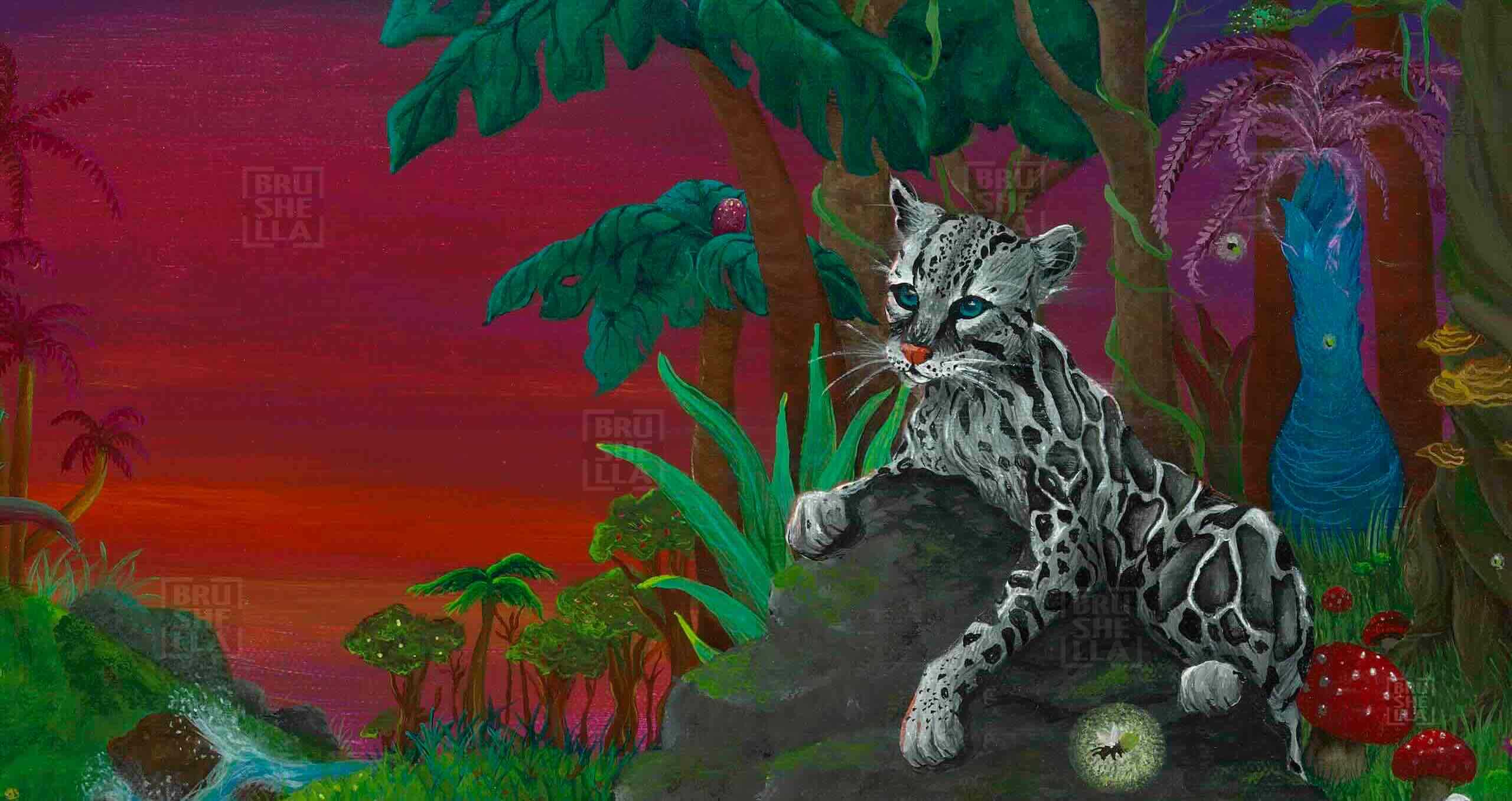 partial area of the print canvas called Jungle, showing one white tiger resting on a rock in a colourful jungle with trees and river in the background