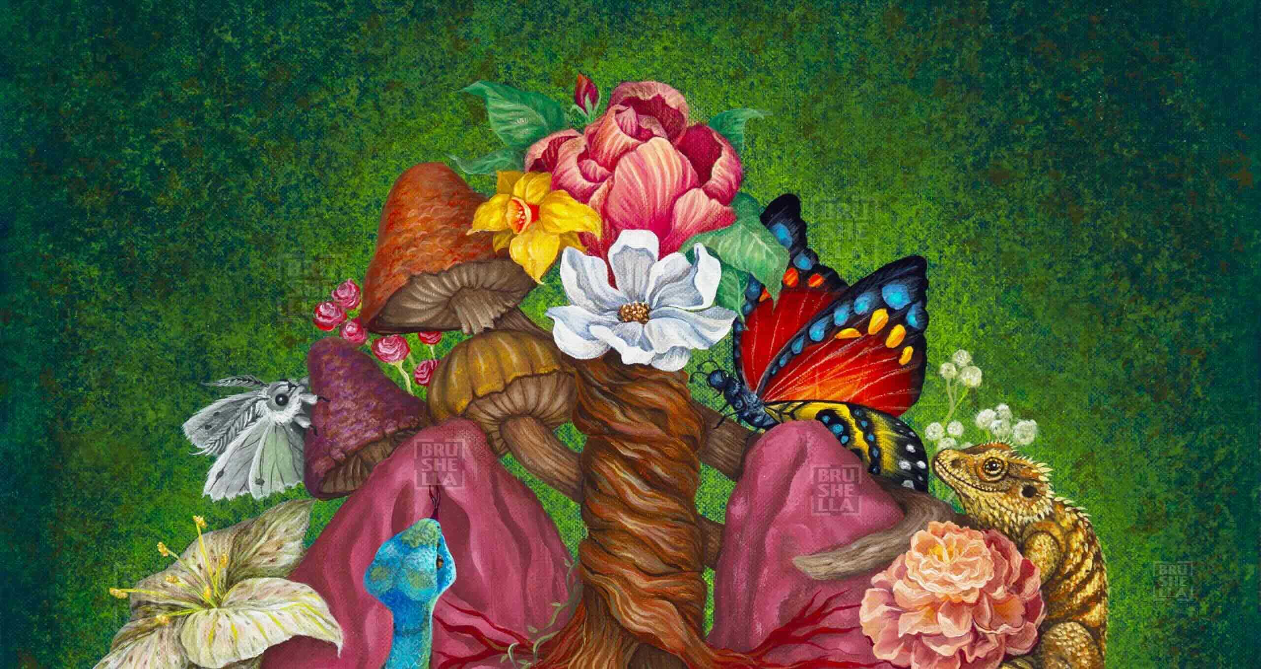 Partial area of the Lungs depicting a human heart with wildlife and flowers in a vibrant background.